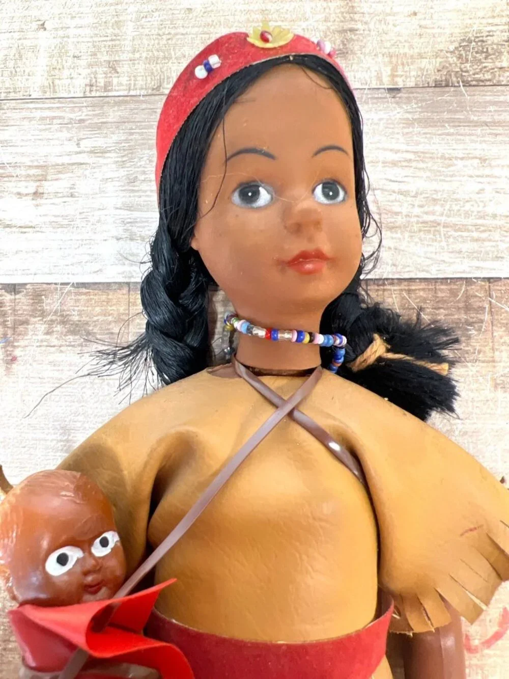 Vintage Native American-Inspired Doll With Beaded Faux Leather Dress - Picture 2 of 4